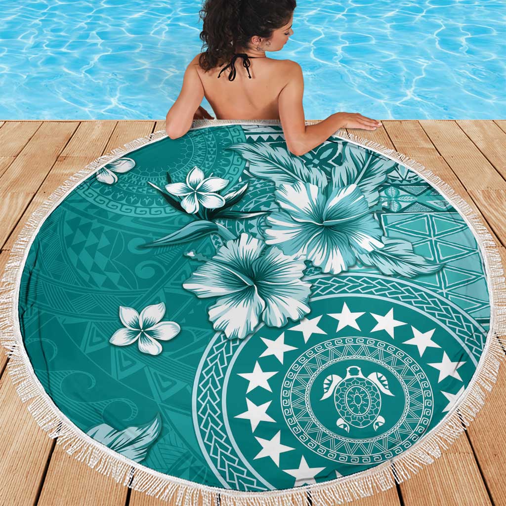 Cook Islands Beach Blanket Teal Hibiscus And Stars LT05 - Polynesian Pride