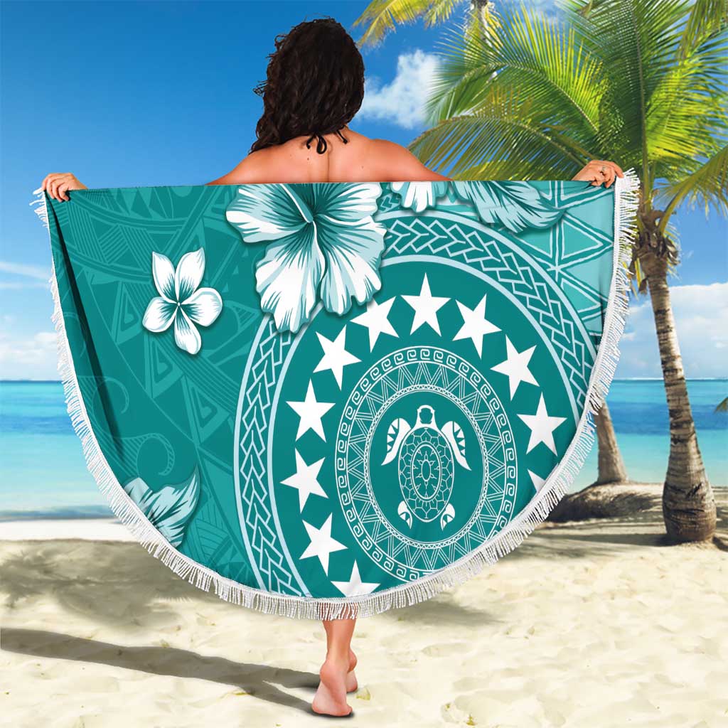 Cook Islands Beach Blanket Teal Hibiscus And Stars LT05 - Polynesian Pride