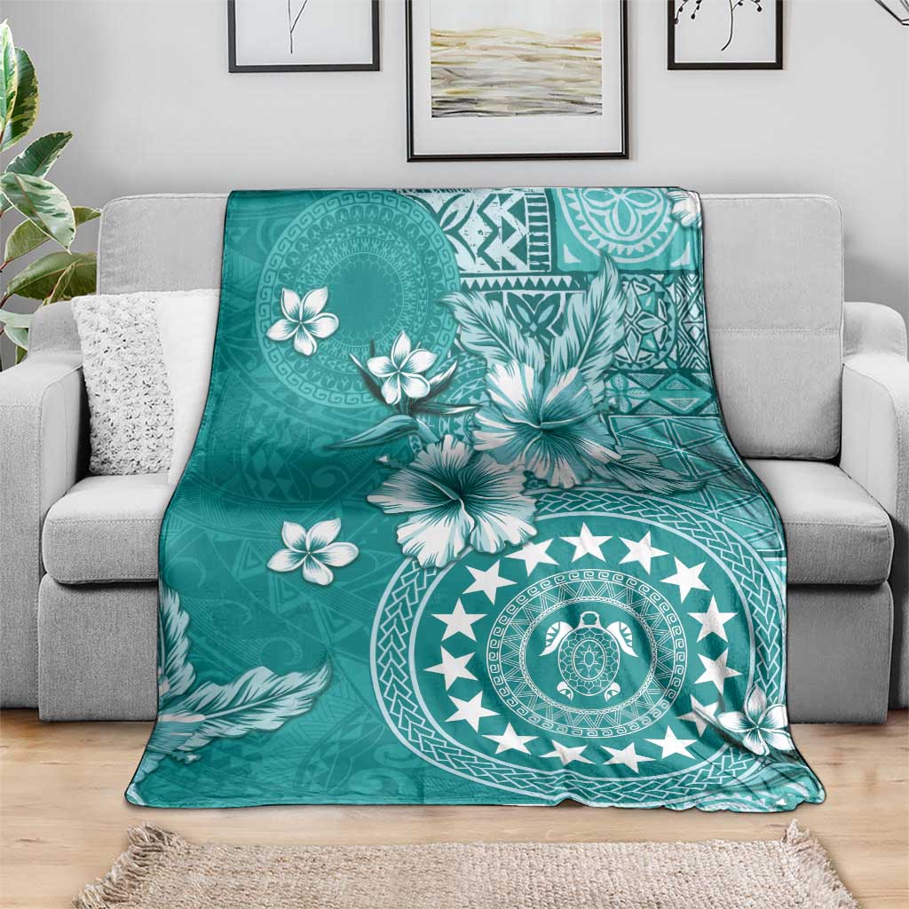 Cook Islands Blanket Teal Hibiscus And Stars LT05 - Polynesian Pride