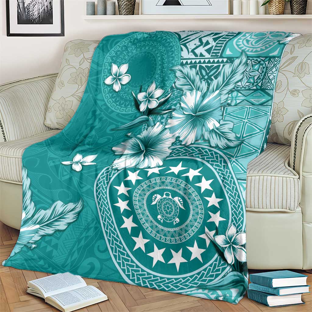 Cook Islands Blanket Teal Hibiscus And Stars LT05 - Polynesian Pride