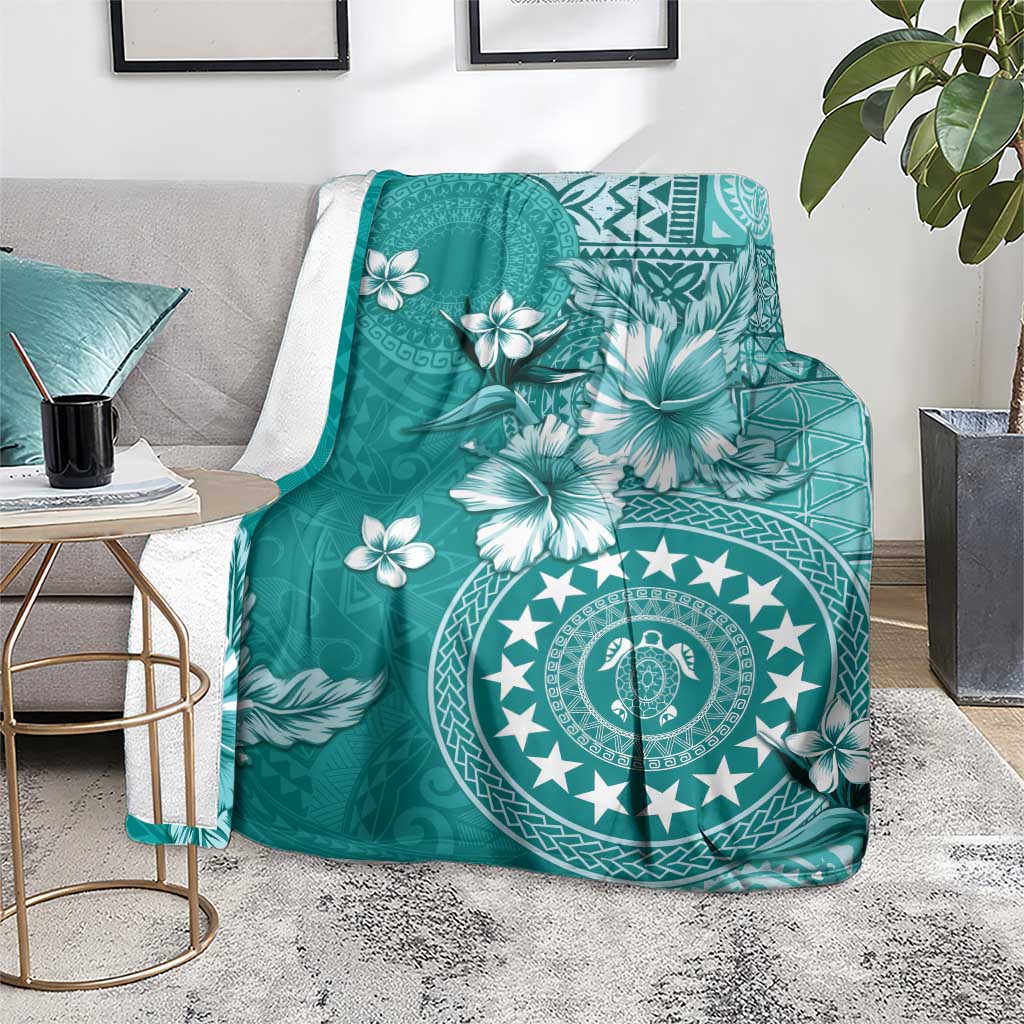 Cook Islands Blanket Teal Hibiscus And Stars LT05 - Polynesian Pride