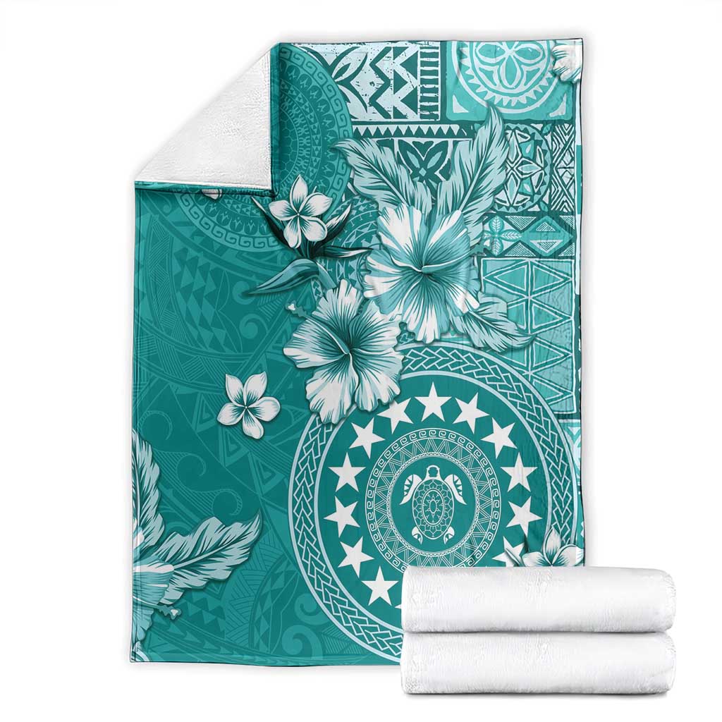 Cook Islands Blanket Teal Hibiscus And Stars LT05 - Polynesian Pride