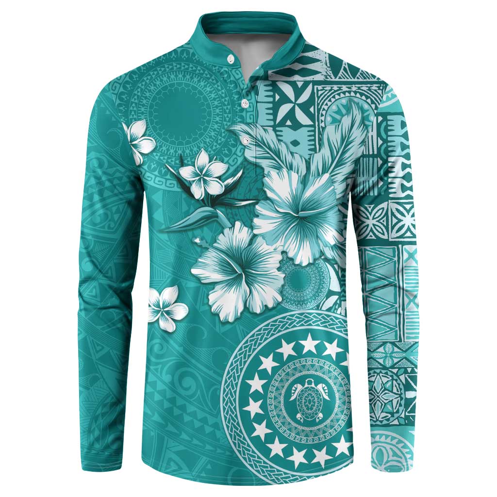 Cook Islands Button Sweatshirt Teal Hibiscus And Stars LT05 Teal - Polynesian Pride