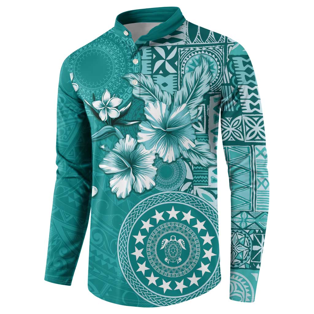 Cook Islands Button Sweatshirt Teal Hibiscus And Stars LT05 - Polynesian Pride