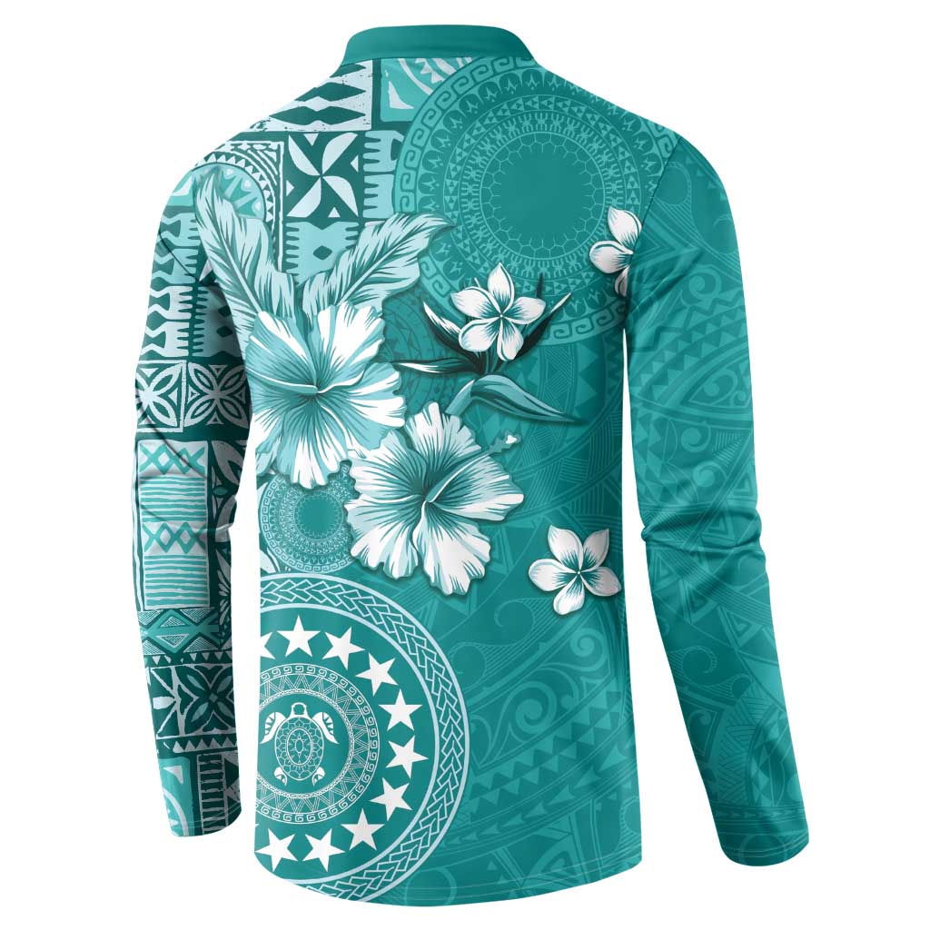 Cook Islands Button Sweatshirt Teal Hibiscus And Stars LT05 - Polynesian Pride