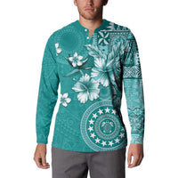 Cook Islands Button Sweatshirt Teal Hibiscus And Stars LT05 - Polynesian Pride
