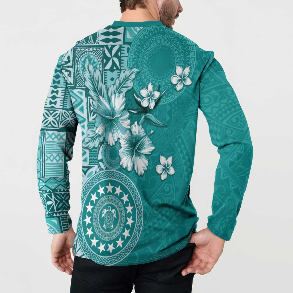 Cook Islands Button Sweatshirt Teal Hibiscus And Stars LT05 - Polynesian Pride