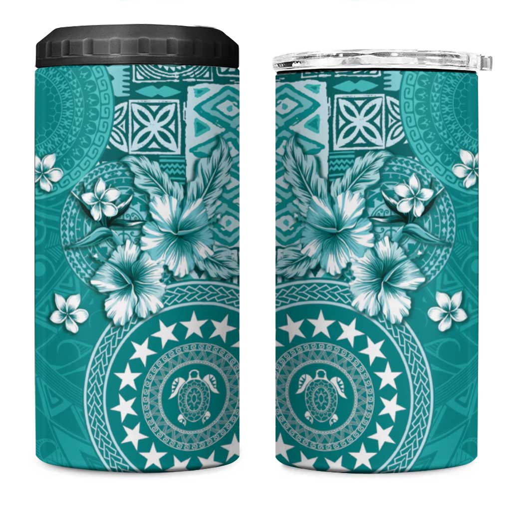 Cook Islands 4 in 1 Can Cooler Tumbler Teal Hibiscus And Stars LT05 One Size: 16 oz Teal - Polynesian Pride