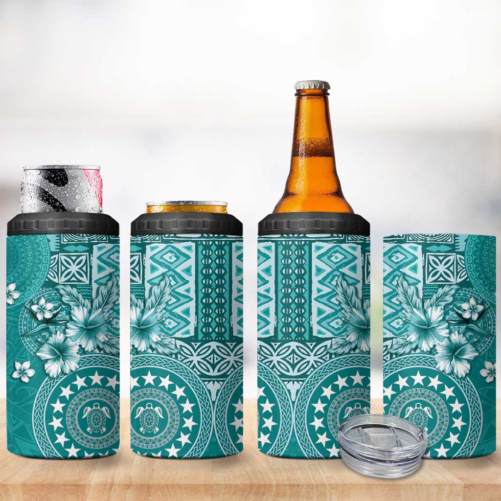 Cook Islands 4 in 1 Can Cooler Tumbler Teal Hibiscus And Stars LT05 - Polynesian Pride