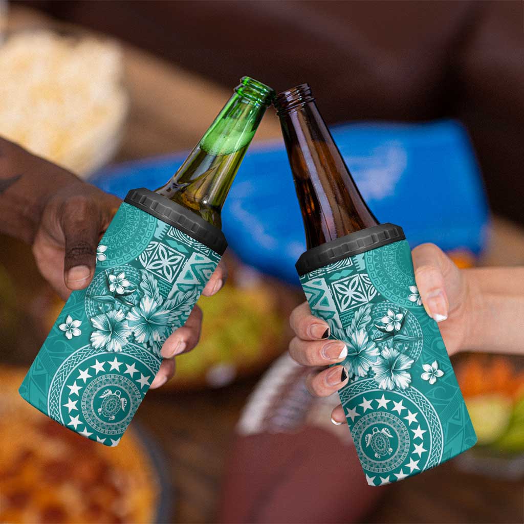 Cook Islands 4 in 1 Can Cooler Tumbler Teal Hibiscus And Stars LT05 - Polynesian Pride