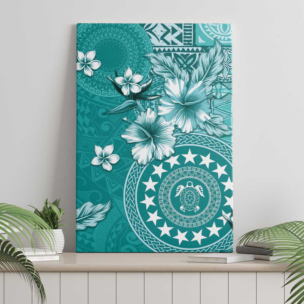 Cook Islands Canvas Wall Art Teal Hibiscus And Stars LT05 - Polynesian Pride