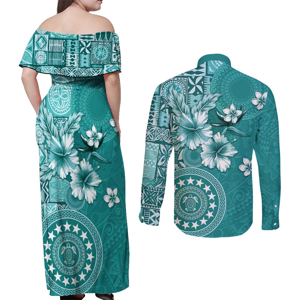 Cook Islands Couples Matching Off Shoulder Maxi Dress and Long Sleeve Button Shirt Teal Hibiscus And Stars LT05 - Polynesian Pride