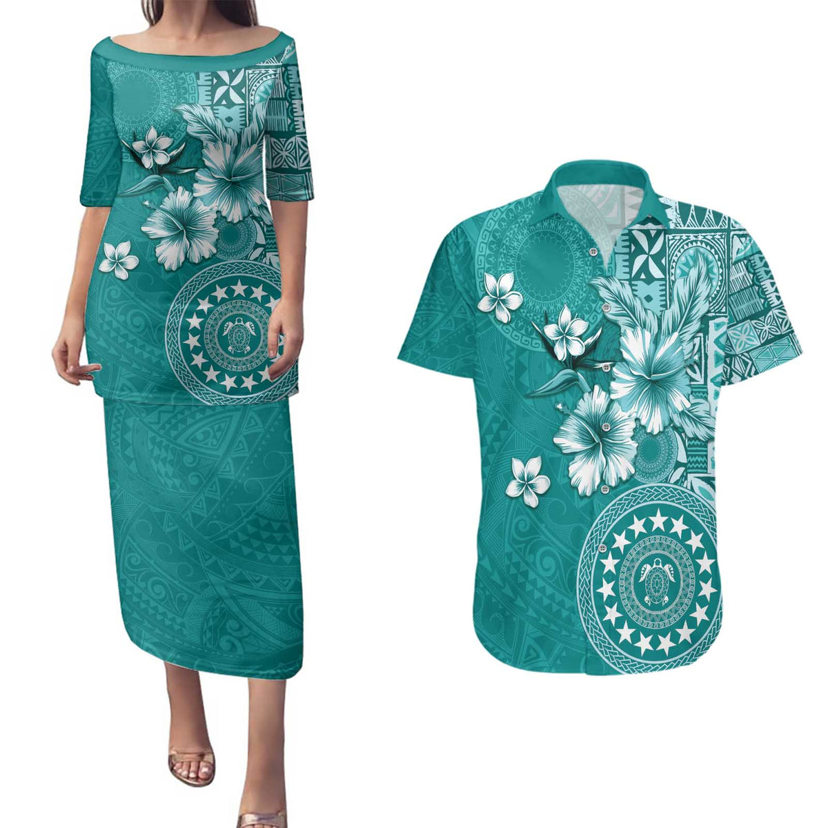 Cook Islands Couples Matching Puletasi and Hawaiian Shirt Teal Hibiscus And Stars LT05 Teal - Polynesian Pride