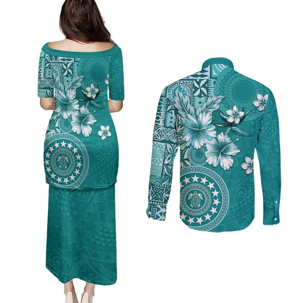 Cook Islands Couples Matching Puletasi and Long Sleeve Button Shirt Teal Hibiscus And Stars LT05 - Polynesian Pride