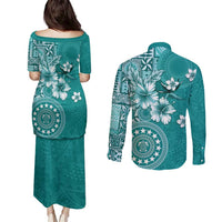 Cook Islands Couples Matching Puletasi and Long Sleeve Button Shirt Teal Hibiscus And Stars LT05 - Polynesian Pride