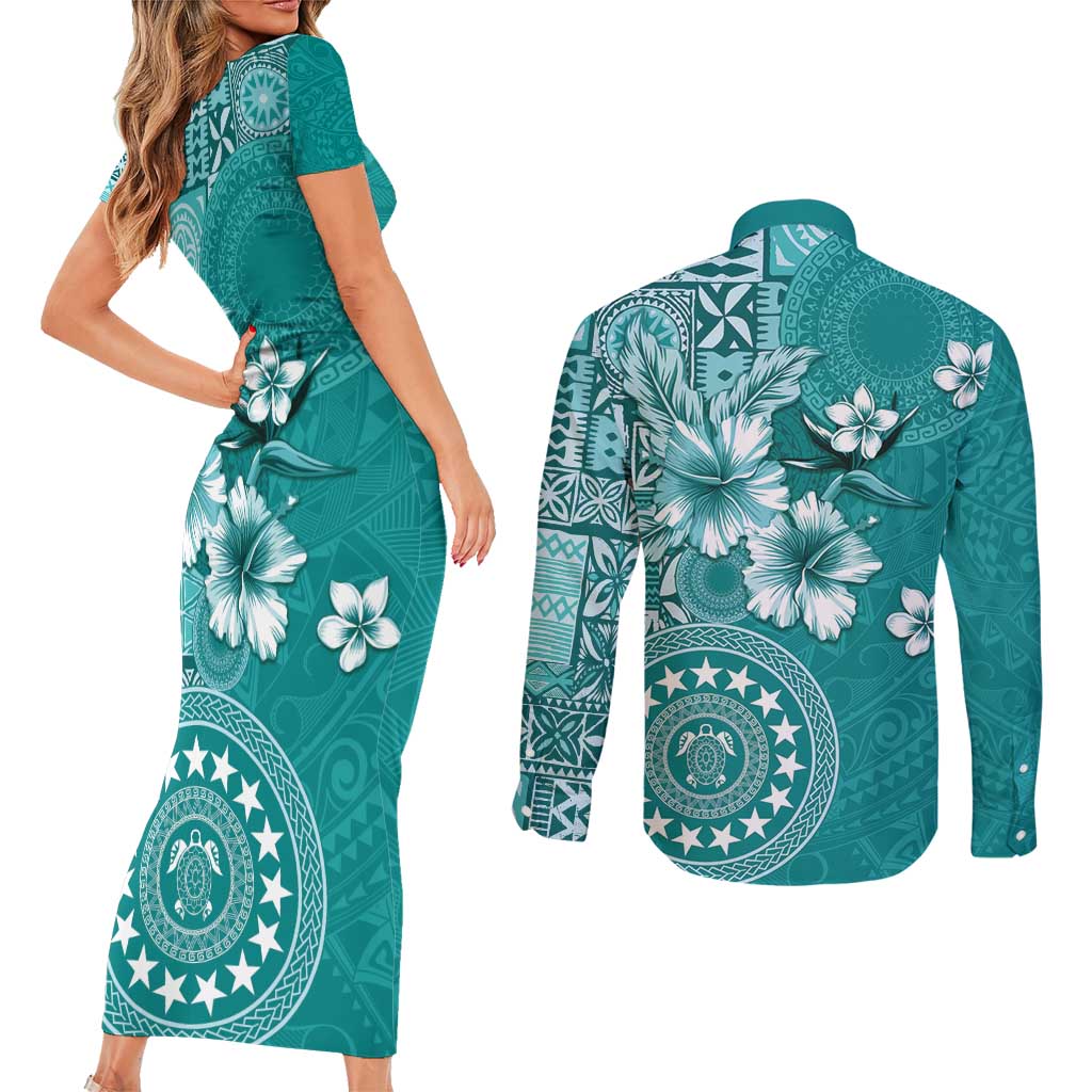 Cook Islands Couples Matching Short Sleeve Bodycon Dress and Long Sleeve Button Shirt Teal Hibiscus And Stars