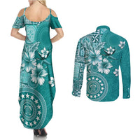 Cook Islands Couples Matching Summer Maxi Dress and Long Sleeve Button Shirt Teal Hibiscus And Stars LT05 - Polynesian Pride