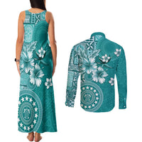 Cook Islands Couples Matching Tank Maxi Dress and Long Sleeve Button Shirt Teal Hibiscus And Stars LT05 - Polynesian Pride