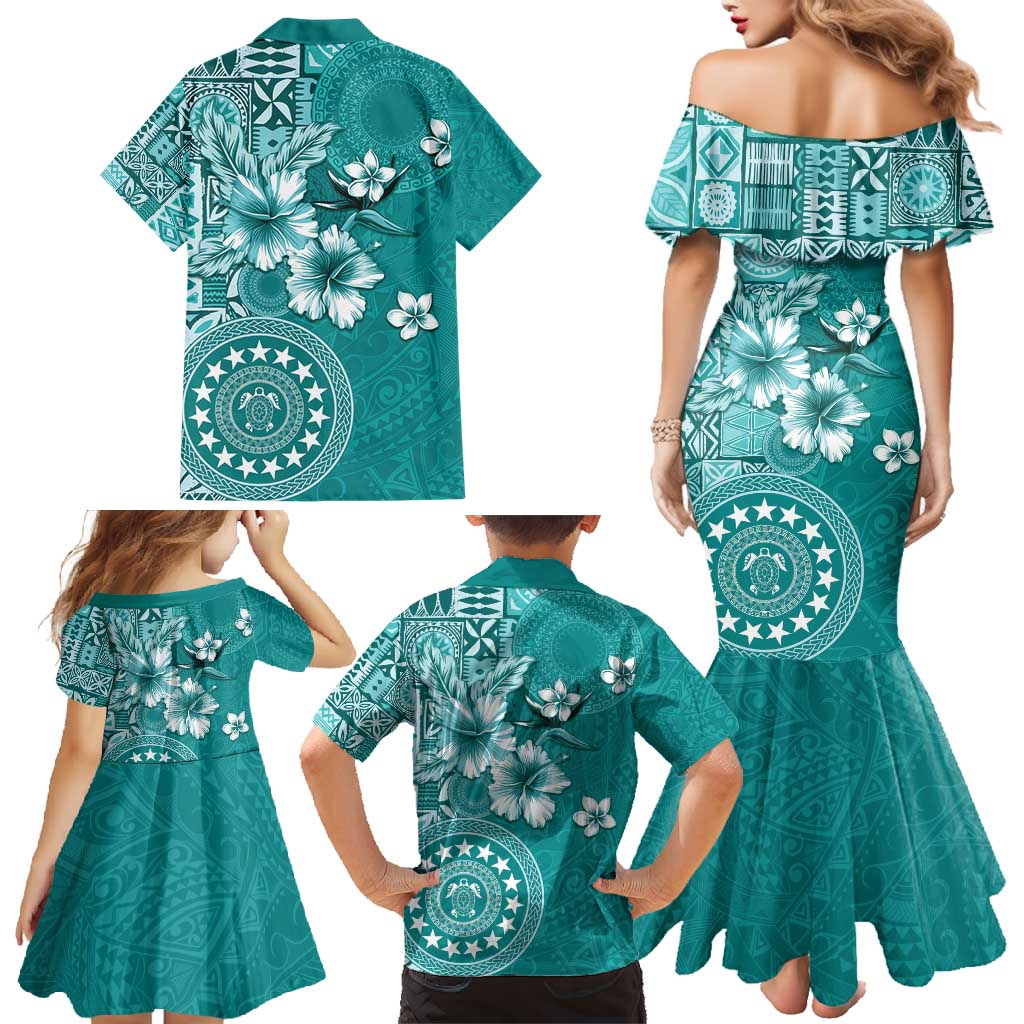 Cook Islands Family Matching Mermaid Dress and Hawaiian Shirt Teal Hibiscus And Stars