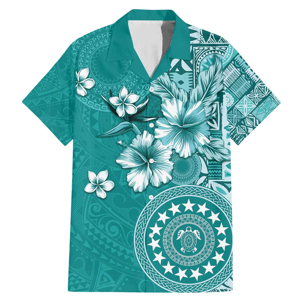 Cook Islands Family Matching Mermaid Dress and Hawaiian Shirt Teal Hibiscus And Stars