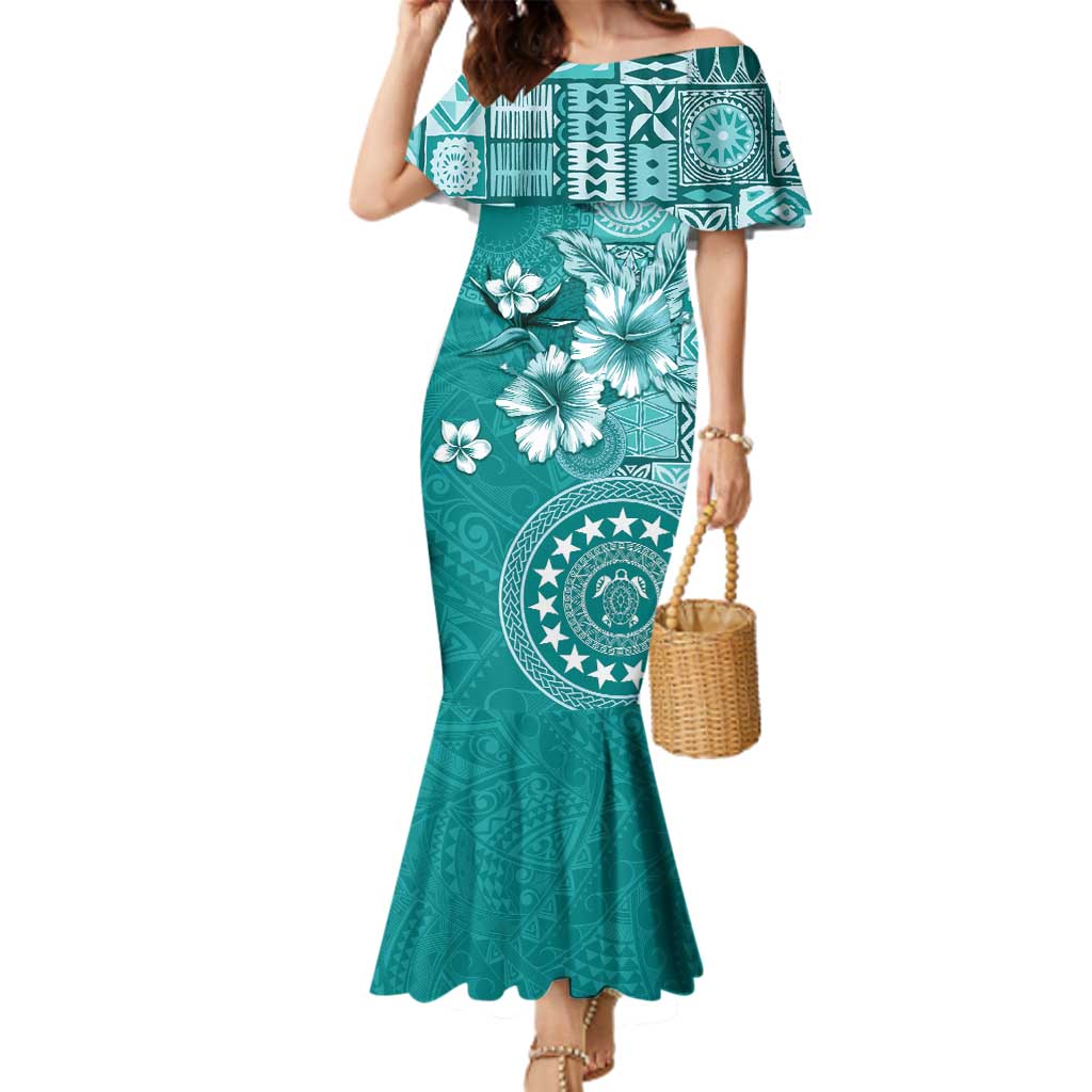 Cook Islands Family Matching Mermaid Dress and Hawaiian Shirt Teal Hibiscus And Stars