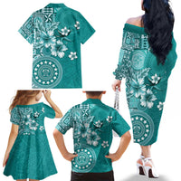 Cook Islands Family Matching Off The Shoulder Long Sleeve Dress and Hawaiian Shirt Teal Hibiscus And Stars