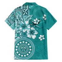 Cook Islands Family Matching Off The Shoulder Long Sleeve Dress and Hawaiian Shirt Teal Hibiscus And Stars