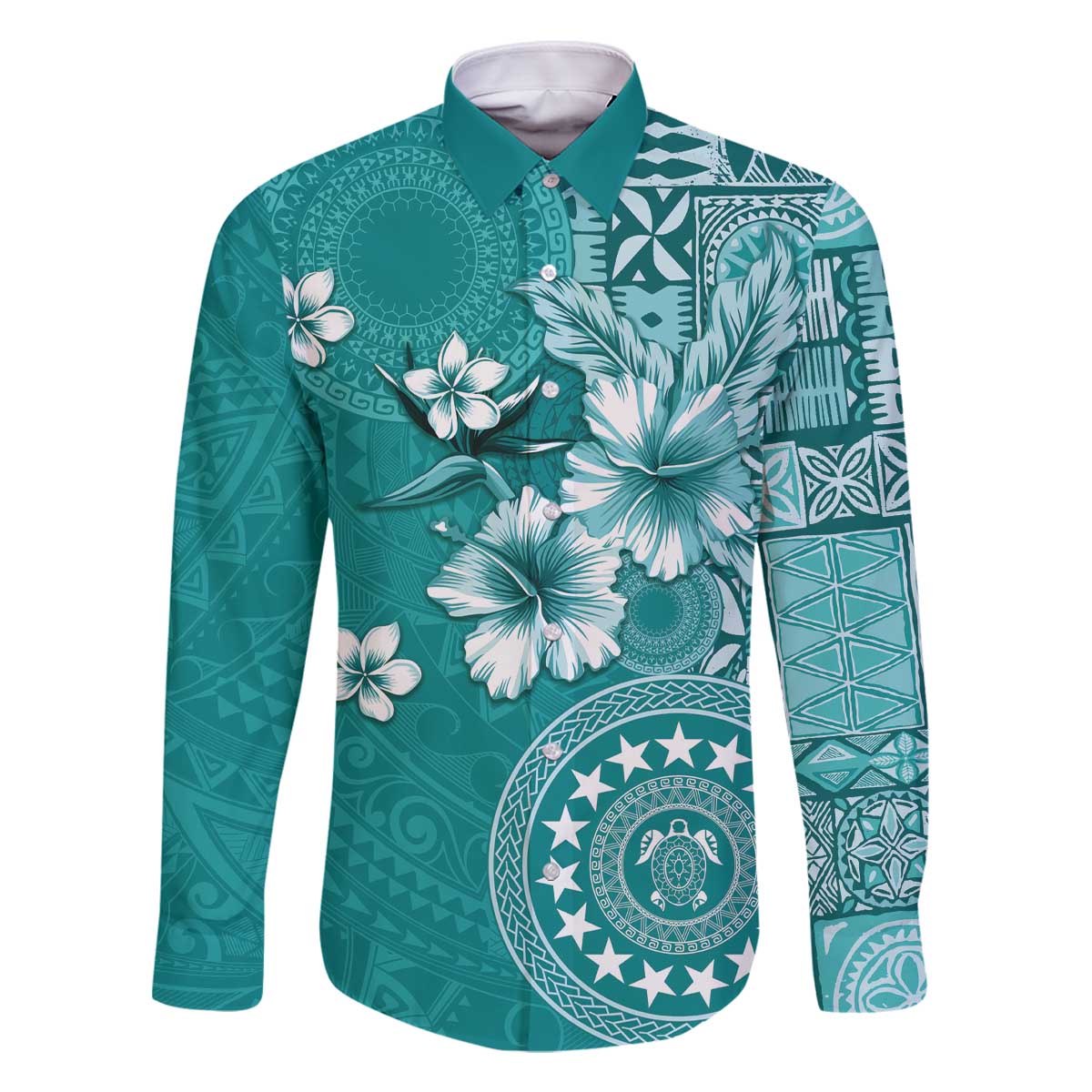 Cook Islands Family Matching Off The Shoulder Long Sleeve Dress and Hawaiian Shirt Teal Hibiscus And Stars