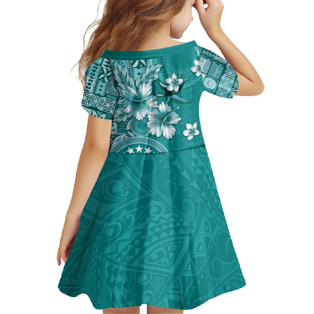 Cook Islands Family Matching Off Shoulder Maxi Dress and Hawaiian Shirt Teal Hibiscus And Stars