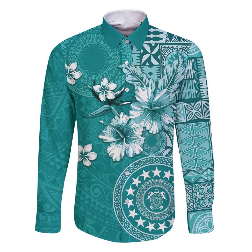 Cook Islands Family Matching Off Shoulder Maxi Dress and Hawaiian Shirt Teal Hibiscus And Stars