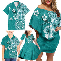 Cook Islands Family Matching Off Shoulder Short Dress and Hawaiian Shirt Teal Hibiscus And Stars