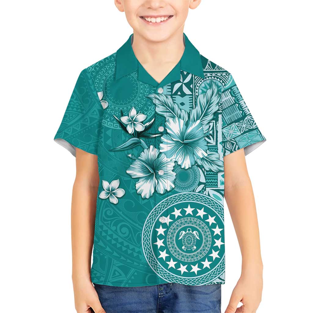 Cook Islands Family Matching Off Shoulder Short Dress and Hawaiian Shirt Teal Hibiscus And Stars