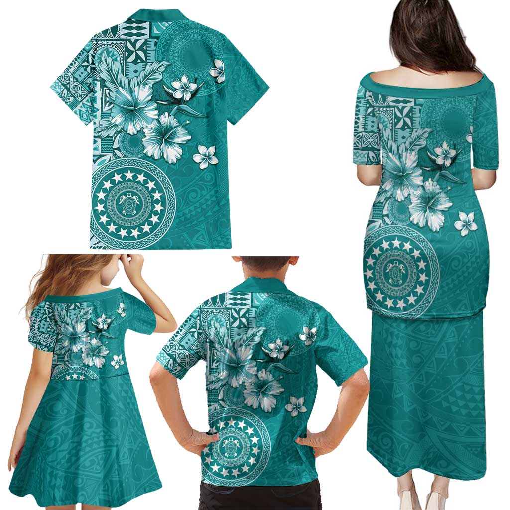 Cook Islands Family Matching Puletasi and Hawaiian Shirt Teal Hibiscus And Stars