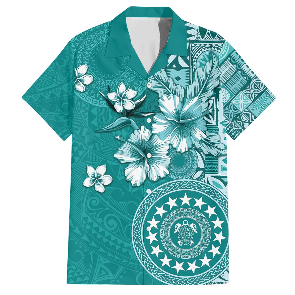 Cook Islands Family Matching Puletasi and Hawaiian Shirt Teal Hibiscus And Stars