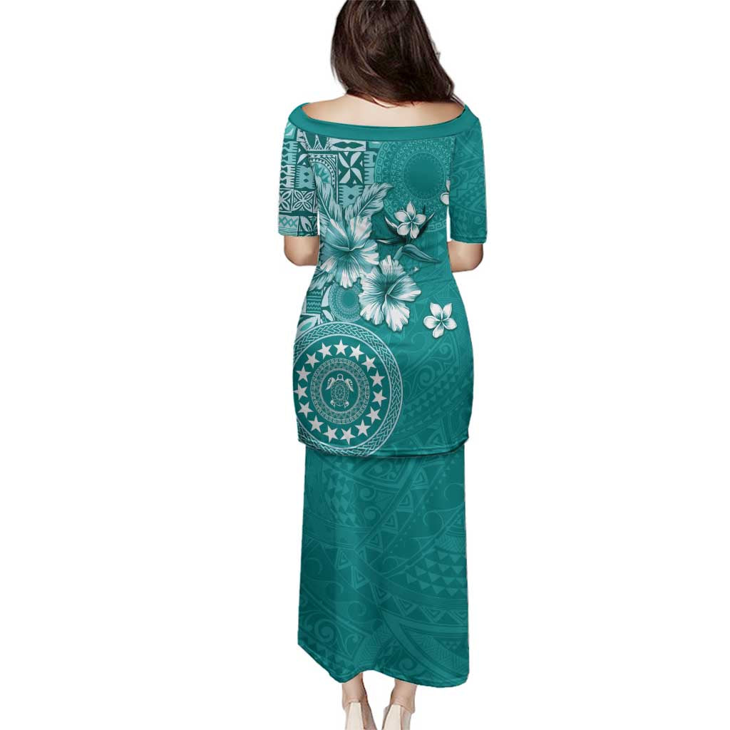 Cook Islands Family Matching Puletasi and Hawaiian Shirt Teal Hibiscus And Stars