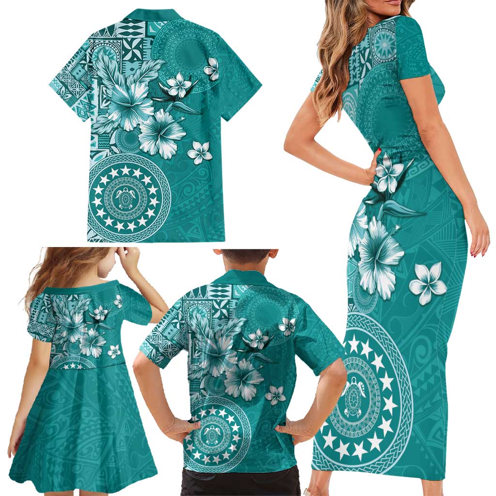Cook Islands Family Matching Short Sleeve Bodycon Dress and Hawaiian Shirt Teal Hibiscus And Stars