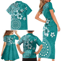 Cook Islands Family Matching Short Sleeve Bodycon Dress and Hawaiian Shirt Teal Hibiscus And Stars