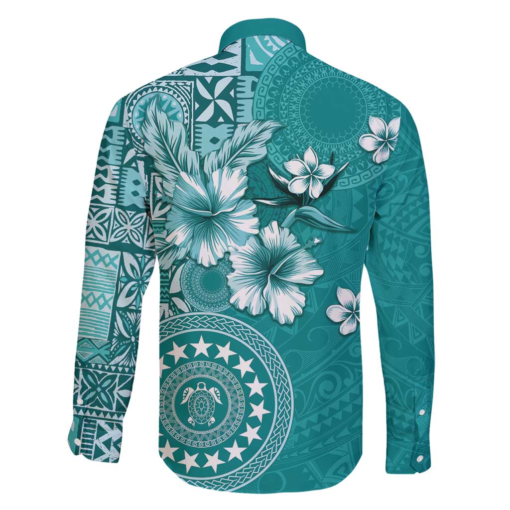 Cook Islands Family Matching Short Sleeve Bodycon Dress and Hawaiian Shirt Teal Hibiscus And Stars