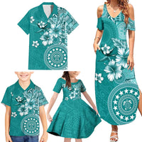 Cook Islands Family Matching Summer Maxi Dress and Hawaiian Shirt Teal Hibiscus And Stars