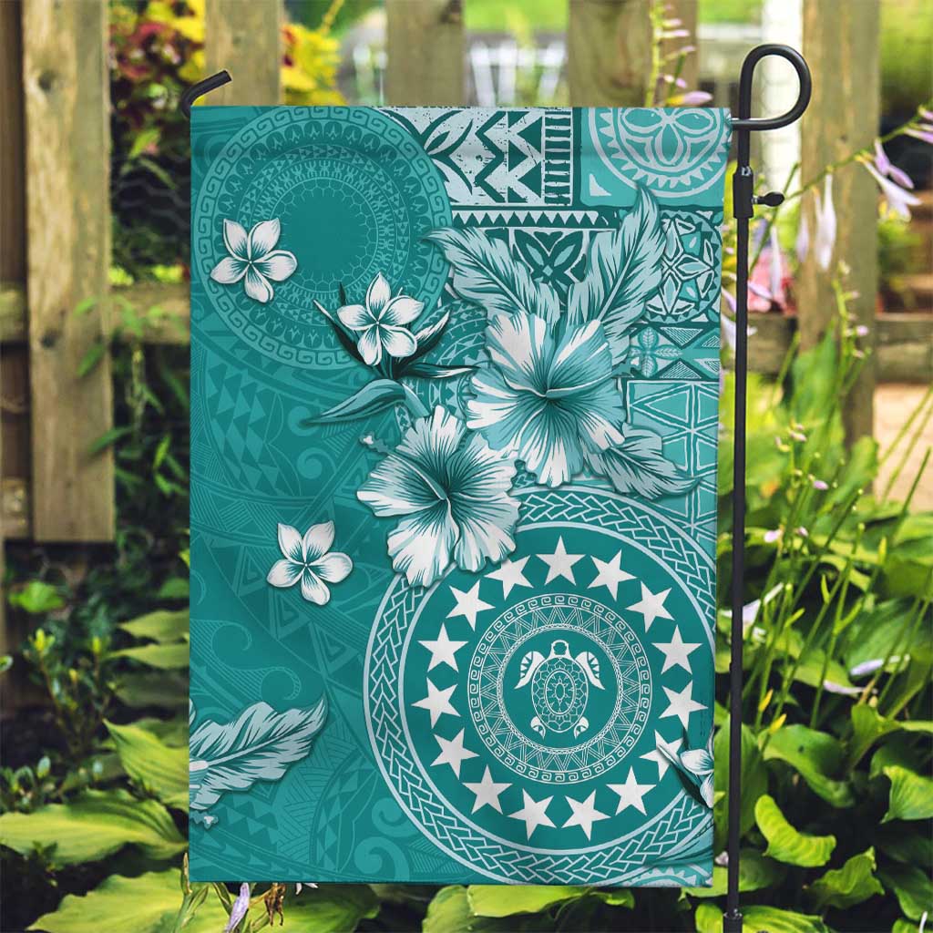 Cook Islands Garden Flag Teal Hibiscus And Stars LT05 Garden Flag Teal - Polynesian Pride