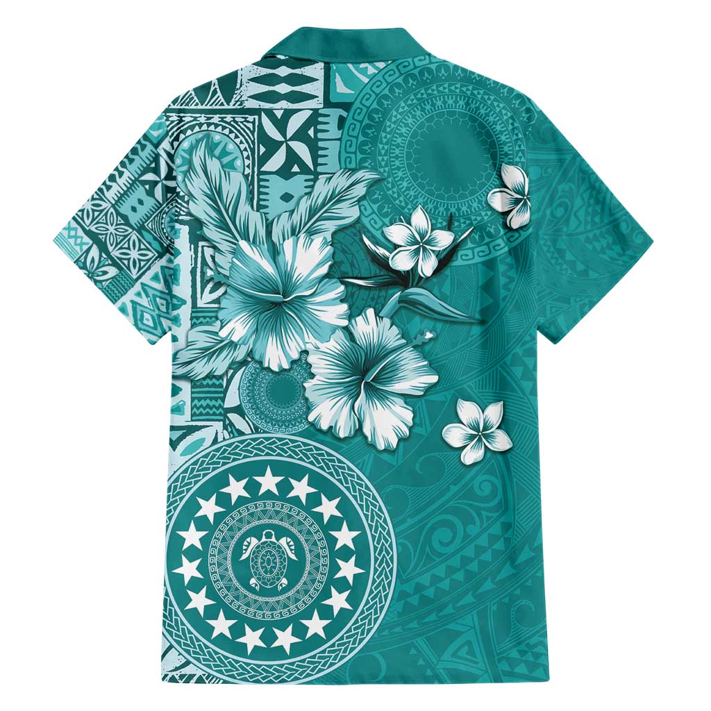 Cook Islands Hawaiian Shirt Teal Hibiscus And Stars LT05 - Polynesian Pride