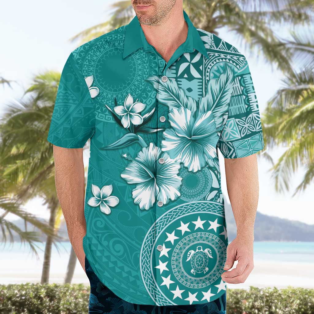 Cook Islands Hawaiian Shirt Teal Hibiscus And Stars LT05 - Polynesian Pride