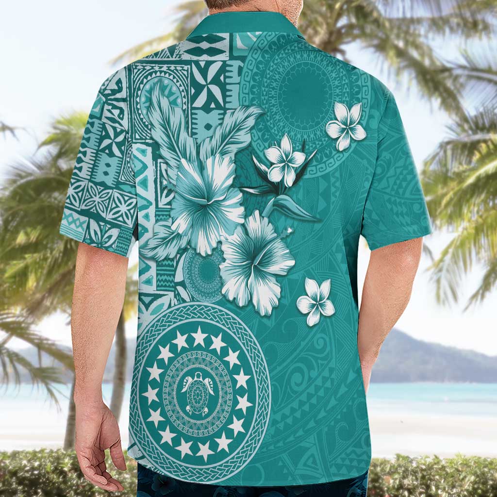Cook Islands Hawaiian Shirt Teal Hibiscus And Stars LT05 - Polynesian Pride