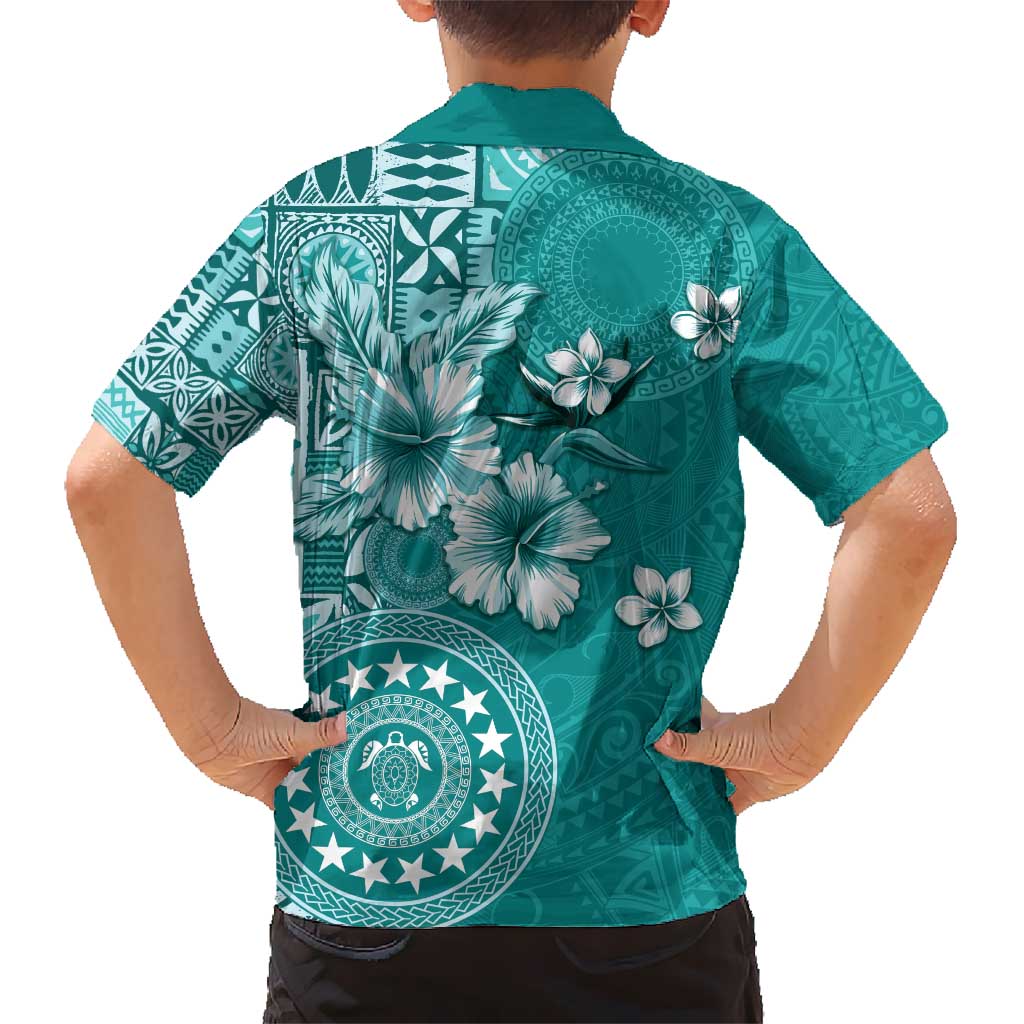 Cook Islands Hawaiian Shirt Teal Hibiscus And Stars LT05 - Polynesian Pride
