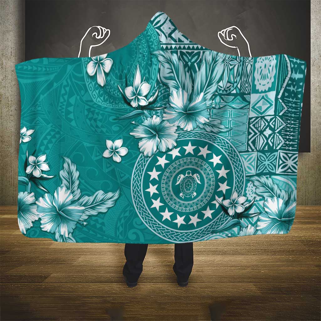 Cook Islands Hooded Blanket Teal Hibiscus And Stars LT05 - Polynesian Pride