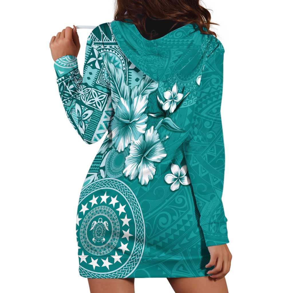Cook Islands Hoodie Dress Teal Hibiscus And Stars LT05 - Polynesian Pride