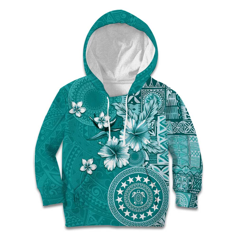Cook Islands Kid Hoodie Teal Hibiscus And Stars