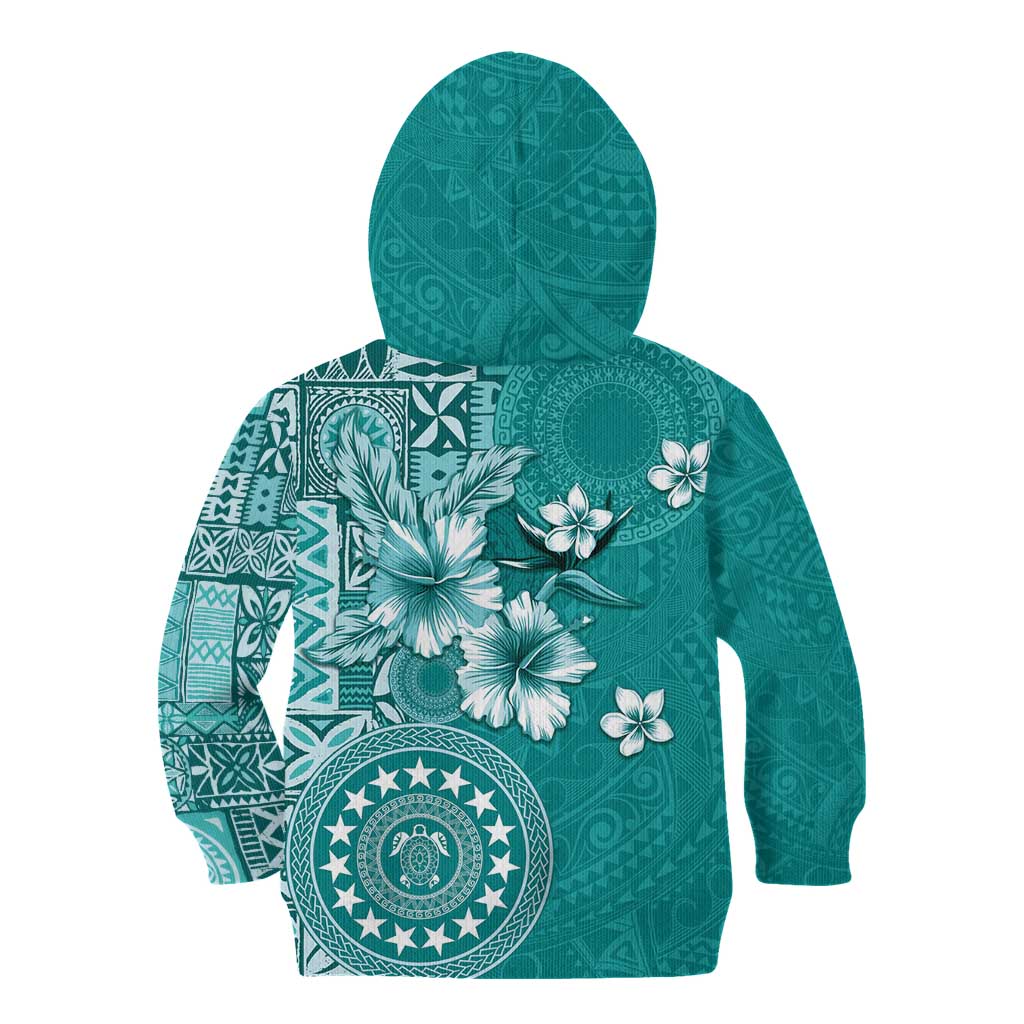 Cook Islands Kid Hoodie Teal Hibiscus And Stars