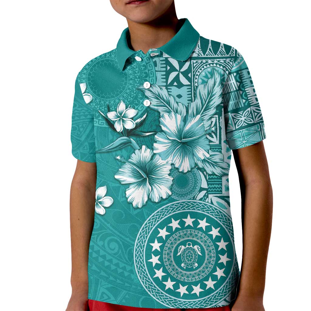 Cook Islands Kid Polo Shirt Teal Hibiscus And Stars
