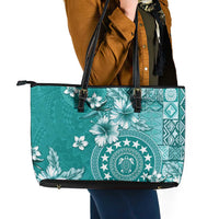 Cook Islands Leather Tote Bag Teal Hibiscus And Stars